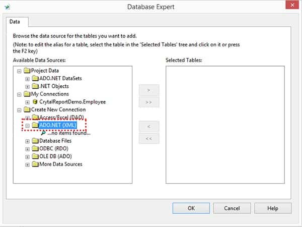 Crystal Reports เชื่อมต่อ Database Fields แบบ ADO.NET (XML)