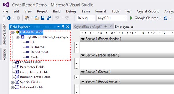 Crystal Reports เชื่อมต่อ Database Fields แบบ ADO.NET (XML)